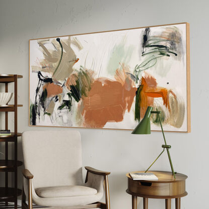 bold textured marks in black, apricot, orange and mint, olive, dark green and areas of white, beige, grey and white expressive marks across a large canvas