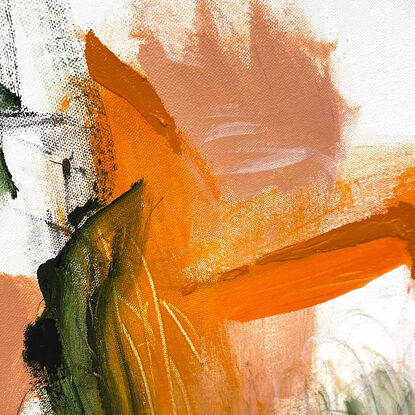 bold textured marks in black, apricot, orange and mint, olive, dark green and areas of white, beige, grey and white expressive marks across a large canvas