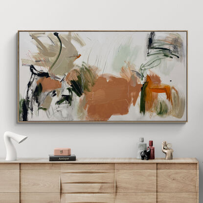 bold textured marks in black, apricot, orange and mint, olive, dark green and areas of white, beige, grey and white expressive marks across a large canvas