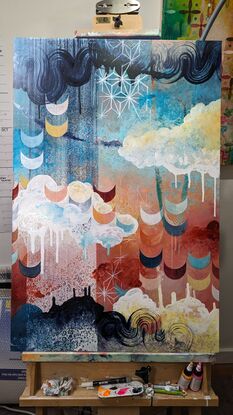 a vertically-oriented abstract painting with patterns and cloudlike forms