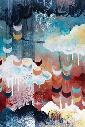 a vertically-oriented abstract painting with patterns and cloudlike forms