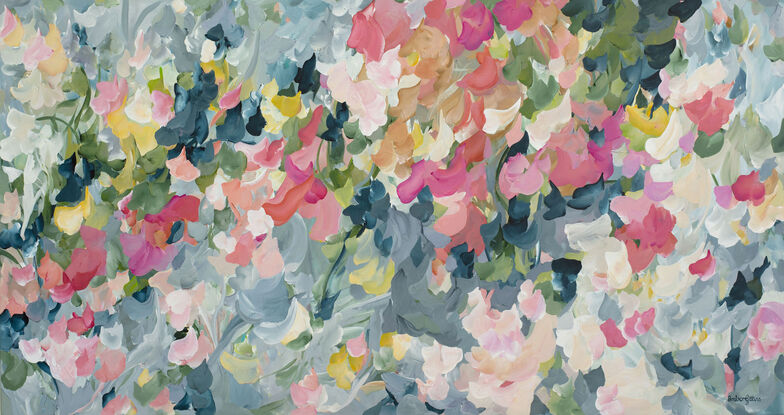 Large nature original painting in an Impressionist style of Abstract Flowers in a garden.