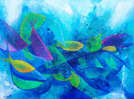 Abstract painting on a deeply textured background, with lines, marks and dots depicting a harmonious mix of fish, waves, intense colors within an enchanting underwater scene. The painting also shows an interesting palette of vivid blues,violets, green, yellow, and magenta tones.