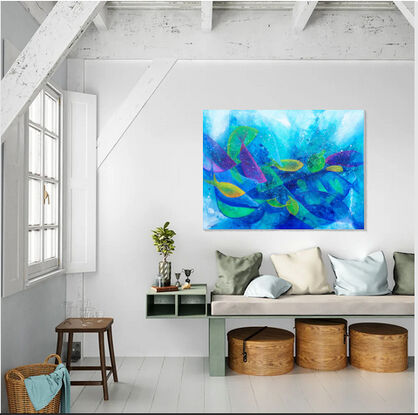 Abstract painting on a deeply textured background, with lines, marks and dots depicting a harmonious mix of fish, waves, intense colors within an enchanting underwater scene. The painting also shows an interesting palette of vivid blues,violets, green, yellow, and magenta tones.