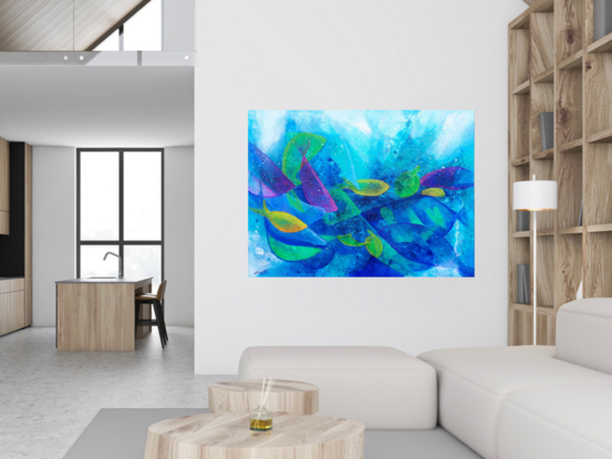 Abstract painting on a deeply textured background, with lines, marks and dots depicting a harmonious mix of fish, waves, intense colors within an enchanting underwater scene. The painting also shows an interesting palette of vivid blues,violets, green, yellow, and magenta tones.