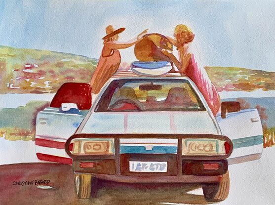 artwork showing two women tying a holdall onto a roof rack
