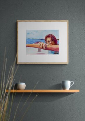 artwork showing a woman resting ontop of her surf board
