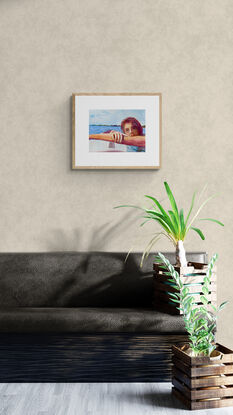 artwork showing a woman resting ontop of her surf board
