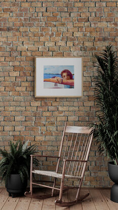 artwork showing a woman resting ontop of her surf board
