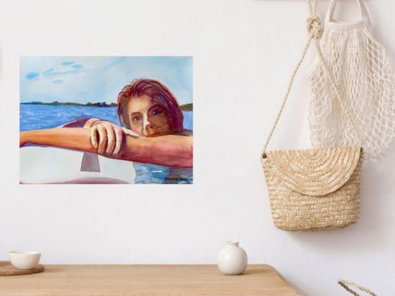 artwork showing a woman resting ontop of her surf board
