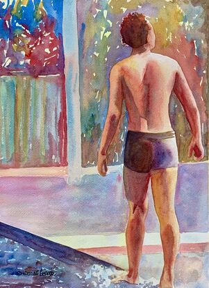 artwork showing a man walking along the edge of a pool
