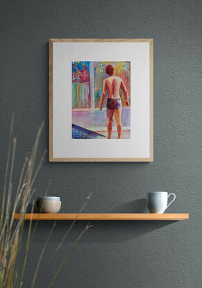 artwork showing a man walking along the edge of a pool
