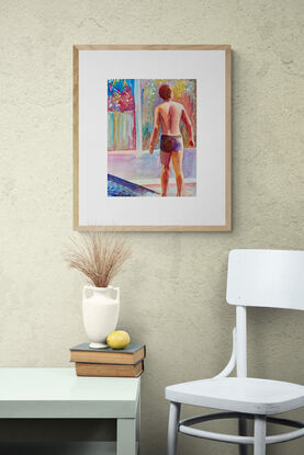 artwork showing a man walking along the edge of a pool
