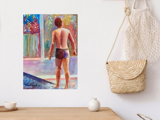 artwork showing a man walking along the edge of a pool
