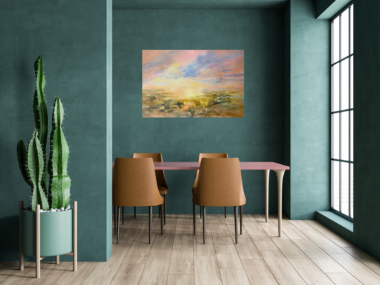 A textured acrylic landscape painting depicting light over grasslands, primary colours of pink, gold and soft green