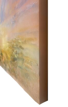 A textured acrylic landscape painting depicting light over grasslands, primary colours of pink, gold and soft green