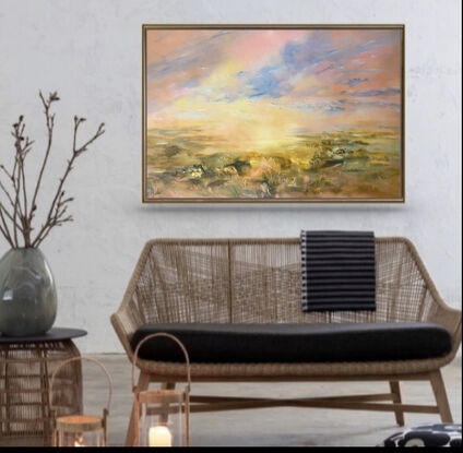 A textured acrylic landscape painting depicting light over grasslands, primary colours of pink, gold and soft green