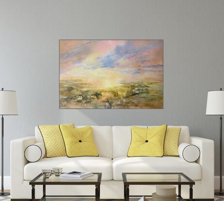 A textured acrylic landscape painting depicting light over grasslands, primary colours of pink, gold and soft green