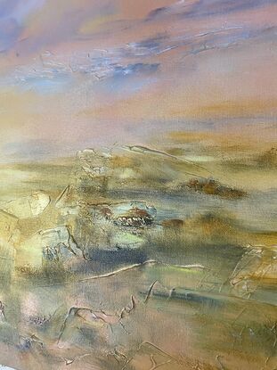 A textured acrylic landscape painting depicting light over grasslands, primary colours of pink, gold and soft green