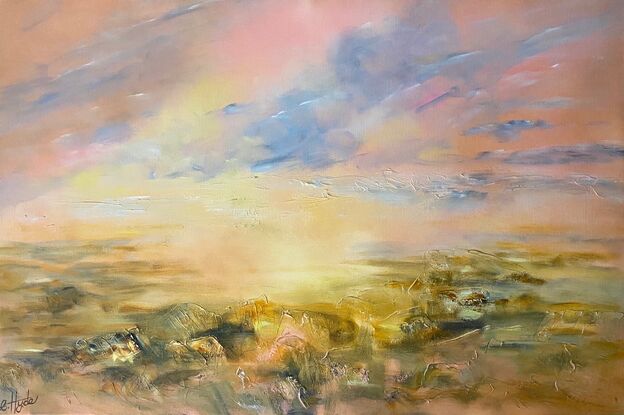 A textured acrylic landscape painting depicting light over grasslands, primary colours of pink, gold and soft green