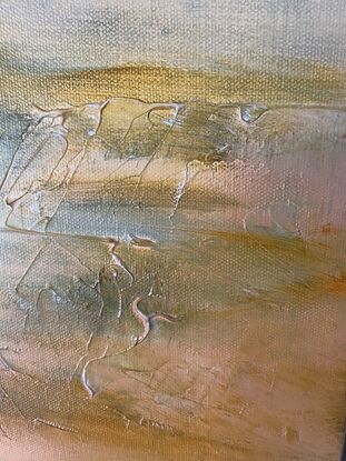 A textured acrylic landscape painting depicting light over grasslands, primary colours of pink, gold and soft green