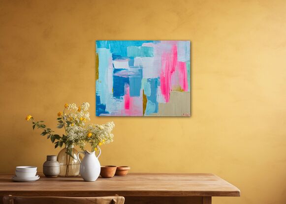 Blue, green and pink shapes in abstract style 