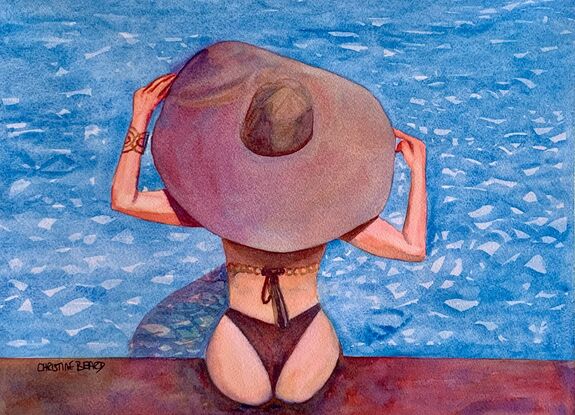 artwork featuring a swimwear model wearing a fashionable and huge sunhat
