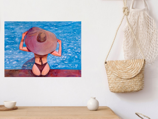 artwork featuring a swimwear model wearing a fashionable and huge sunhat
