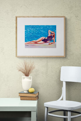 artwork showing a swimwear model lying on the edge of a swimming pool
