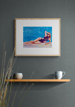 artwork showing a swimwear model lying on the edge of a swimming pool
