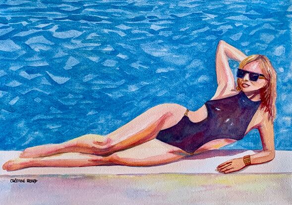 artwork showing a swimwear model lying on the edge of a swimming pool
