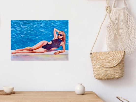 artwork showing a swimwear model lying on the edge of a swimming pool
