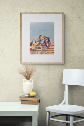 artwork showing two guys sitting in the sunshine on top of a wall