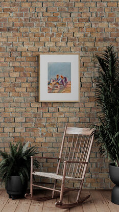 artwork showing two guys sitting in the sunshine on top of a wall