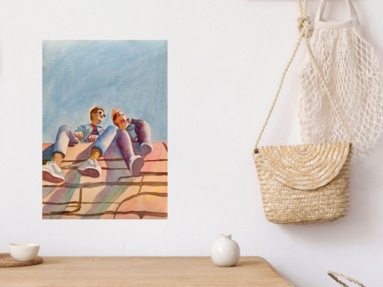 artwork showing two guys sitting in the sunshine on top of a wall