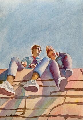 artwork showing two guys sitting in the sunshine on top of a wall