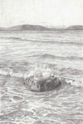 Black and white detailed drawing of a duck sleeping on a rock in the middle of the ocean with mountains in the background