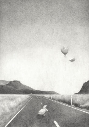 Black and white detailed landscape drawing of a duck standing in the middle of a road, looking up at a balloon egg that has hatched, revealing a baby duckling