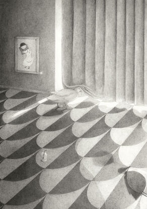 Black and white detailed drawing of a duck in a dark room with patterned tiles, peeking under a curtain towards the light