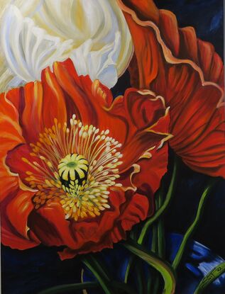 The giant red poppy painting stood proudly in its ultramarine blue vase, a masterpiece of depth and colour. Each petal was perfectly captured in shades of reds, oranges and cream, adding a sense of vibrancy to the serene still life. As the light danced upon the canvas, the poppy appeared almost lifelike, as if it could sway gently in a breeze at any moment.