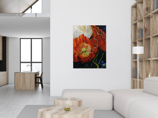 The giant red poppy painting stood proudly in its ultramarine blue vase, a masterpiece of depth and colour. Each petal was perfectly captured in shades of reds, oranges and cream, adding a sense of vibrancy to the serene still life. As the light danced upon the canvas, the poppy appeared almost lifelike, as if it could sway gently in a breeze at any moment.