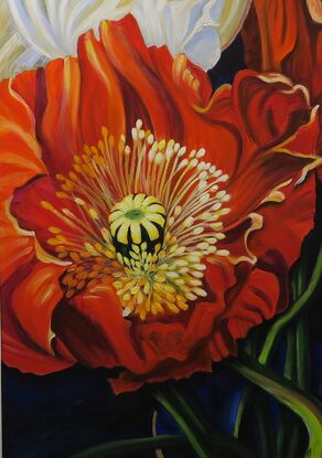 The giant red poppy painting stood proudly in its ultramarine blue vase, a masterpiece of depth and colour. Each petal was perfectly captured in shades of reds, oranges and cream, adding a sense of vibrancy to the serene still life. As the light danced upon the canvas, the poppy appeared almost lifelike, as if it could sway gently in a breeze at any moment.