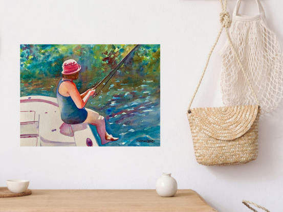 artwork showing a woman sitting on a motor launch happily fishing in a river
