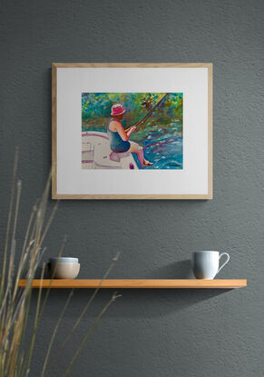 artwork showing a woman sitting on a motor launch happily fishing in a river
