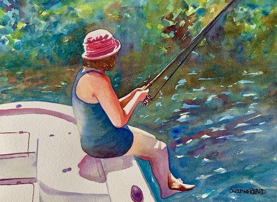 artwork showing a woman sitting on a motor launch happily fishing in a river
