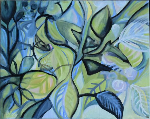 Layers of paint in broad leaf and flower shapes overlap in a colours ranging from silvers, blues, greens, pinks amid highlights of black and white.