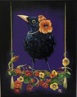 Black raven with purple background on nasturtium swing wearing nasturtium bonnet