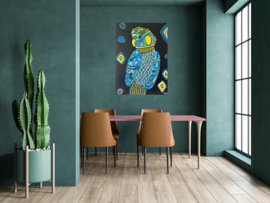 Black cockatoo painted in blues greens and yellows looking directly at the viewer. Painted on a dark navy background with yellow diamond shapes