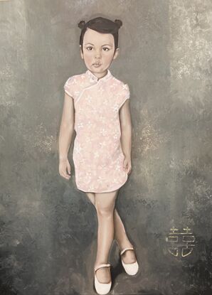 Portrait of a girl in a Chinese dress with a textured background