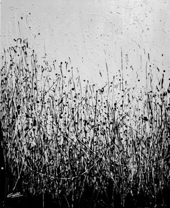 Abstract painting with textured black and white acrylic paint. A captivating visual experience that invites the viewers to release their imagination and wonder what could be hiding within this unknown world of tall blades of grass.